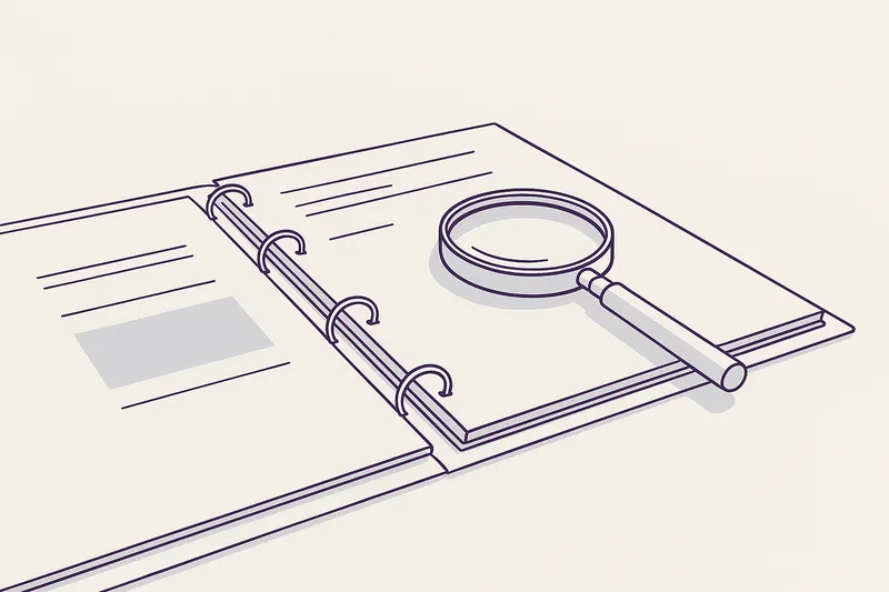 Illustration — a document on a clipboard under a magnifying glass.