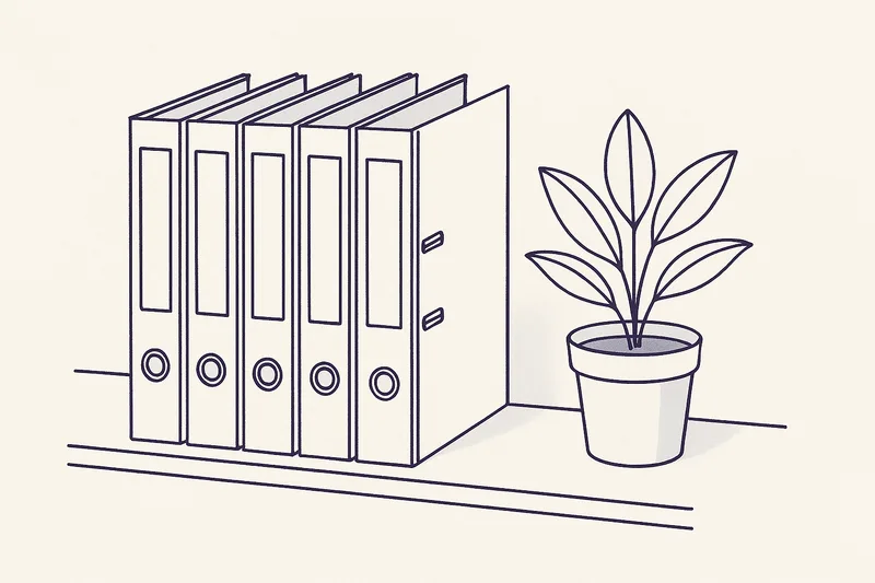 Illustration — a row of lever-arch files on a shelf beside a pot plant.