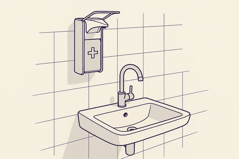 Illustration — a wall-mounted soap dispenser above a basin in a tiled room.