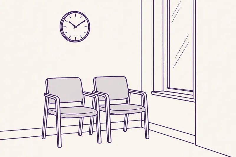 Illustration — two waiting-room chairs beneath a wall clock.