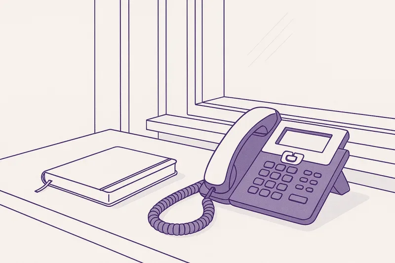 Illustration — a desk telephone beside a notebook.