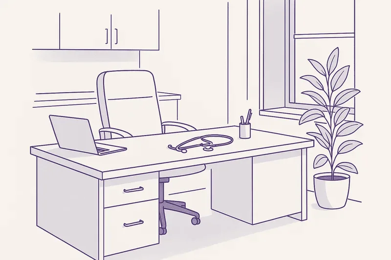 Illustration — an office desk with a chair, a laptop and a pot plant by the window.