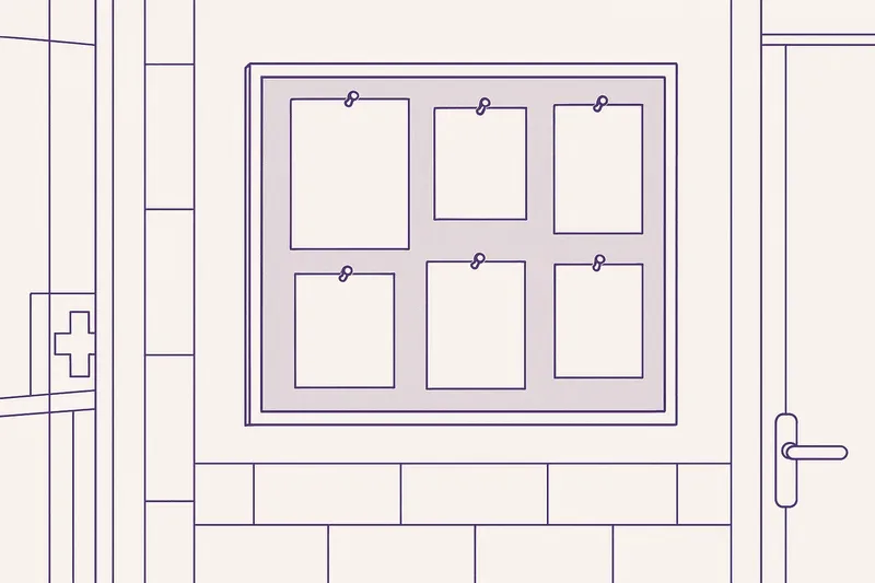Illustration — a noticeboard of blank notices beside a doorway.