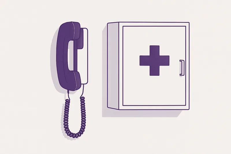 Illustration — a wall telephone beside a first-aid cabinet.
