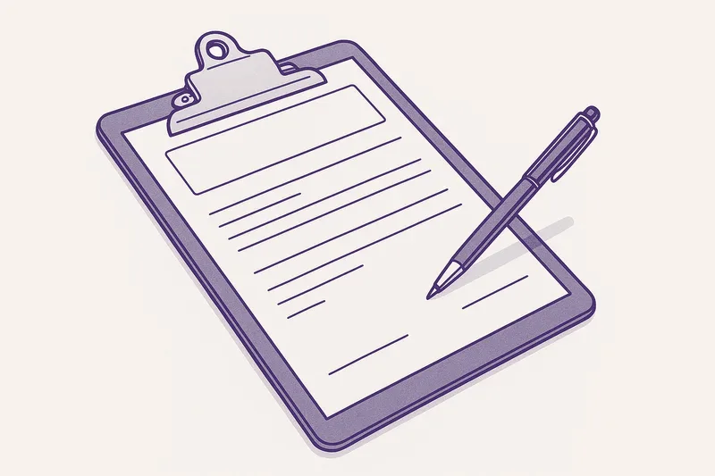 Illustration — a registration form on a clipboard with a pen.