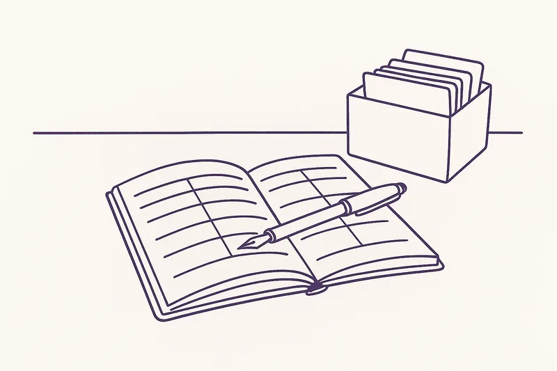 Illustration — an open appointment diary with a pen, beside a card index box.