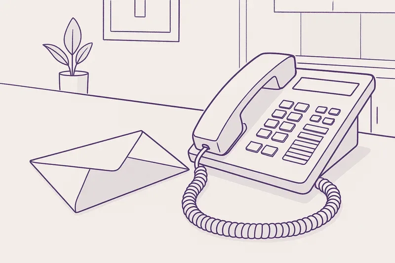 Illustration — a desk telephone with an envelope beside it.