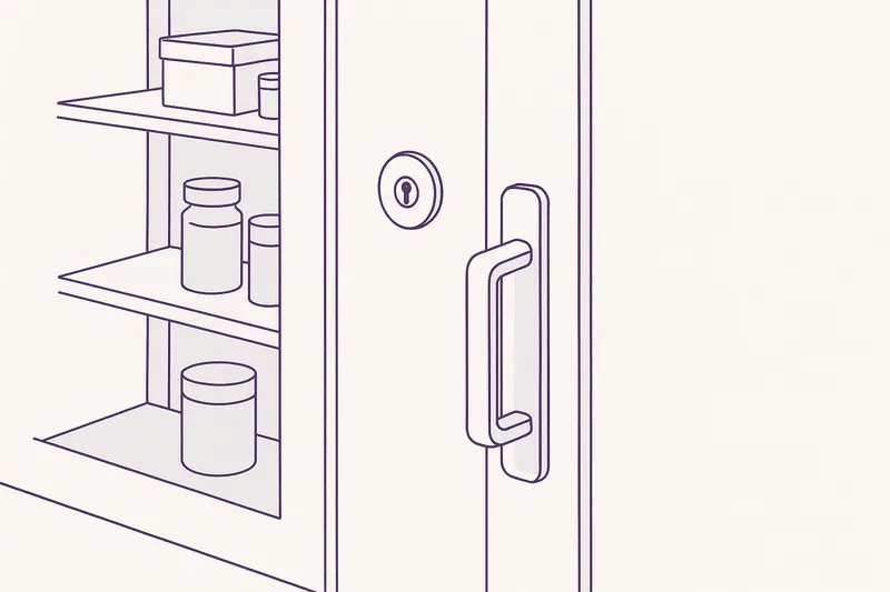 Illustration — a locked cabinet of labelled jars in a consulting room.