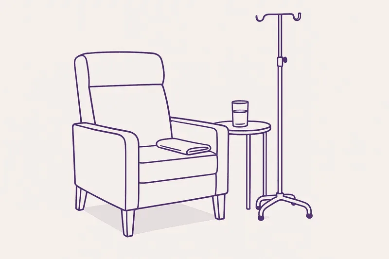 Illustration — a treatment armchair beside an infusion stand.