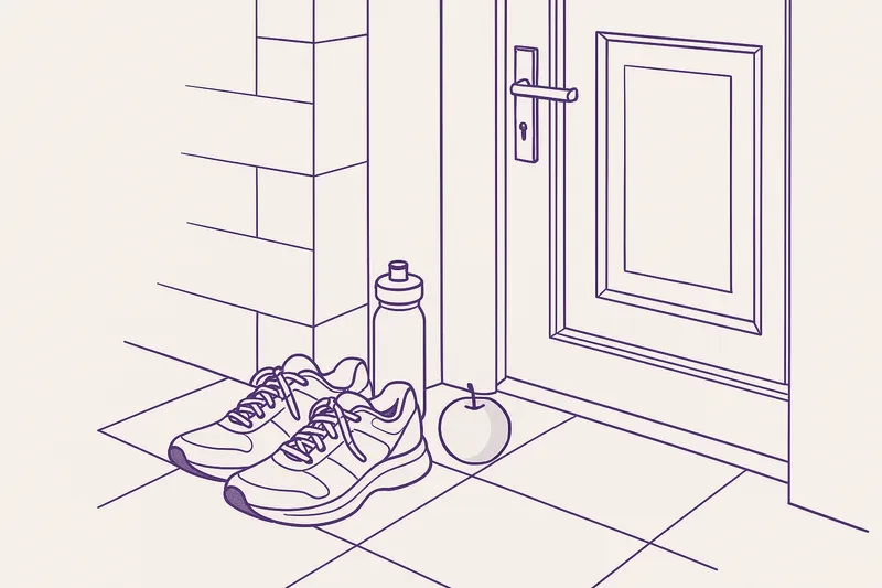 Illustration — running shoes and a bag by a front door.