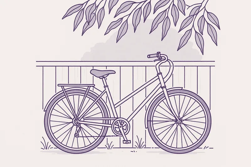 Illustration — a bicycle leaning against a fence under foliage.