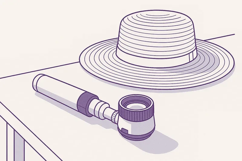 Illustration — a wide-brimmed hat beside a hand lens on a bench.