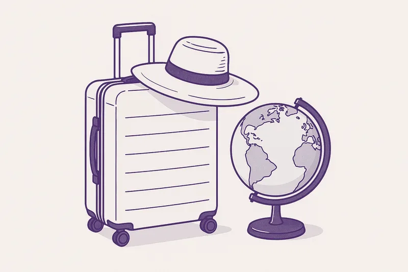 Illustration — a suitcase, a sun hat and a globe.