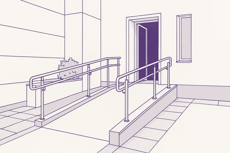 Illustration — a handrailed ramp rising to an entrance door.