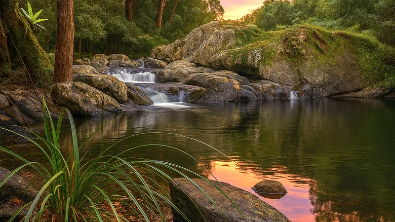A rock pool on the Nerang River at Springbrook, water spilling between boulders into still water, reeds in the foreground.