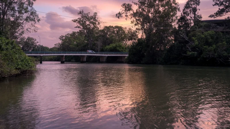 A low road bridge across the Nerang River, gum trees along both banks, still water reflecting a soft dawn sky.
